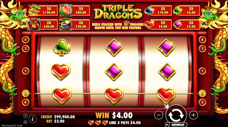 Triple Dragons Liniengewinn mit drei Herzen auf der unteren Gewinnlinie 3
